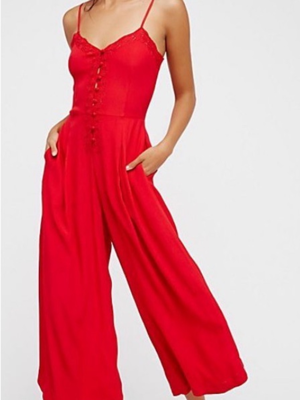 Free People Red Wide-Leg Lace-Trim Jumpsuit.  Sz.  2.        512